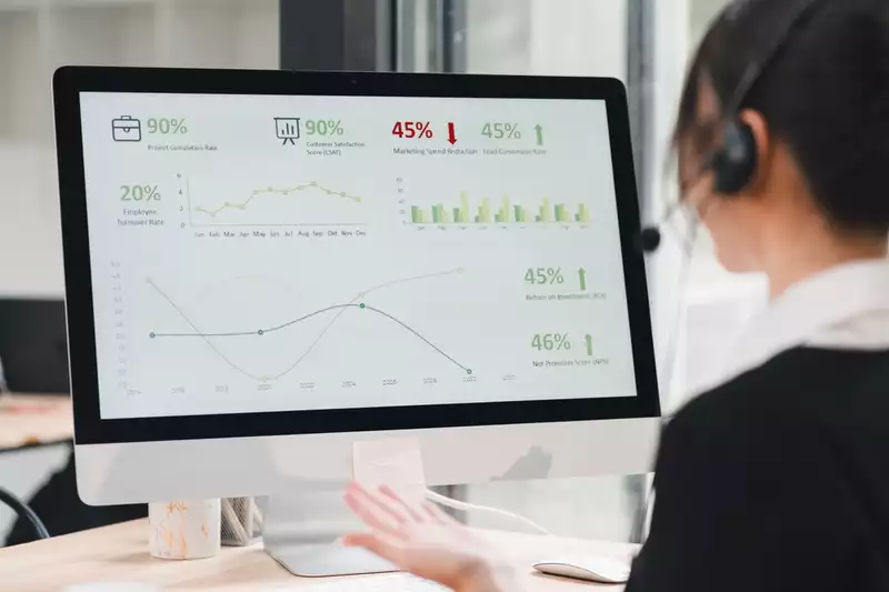 Call center agent reviews business performance data while speaking with a prospect.